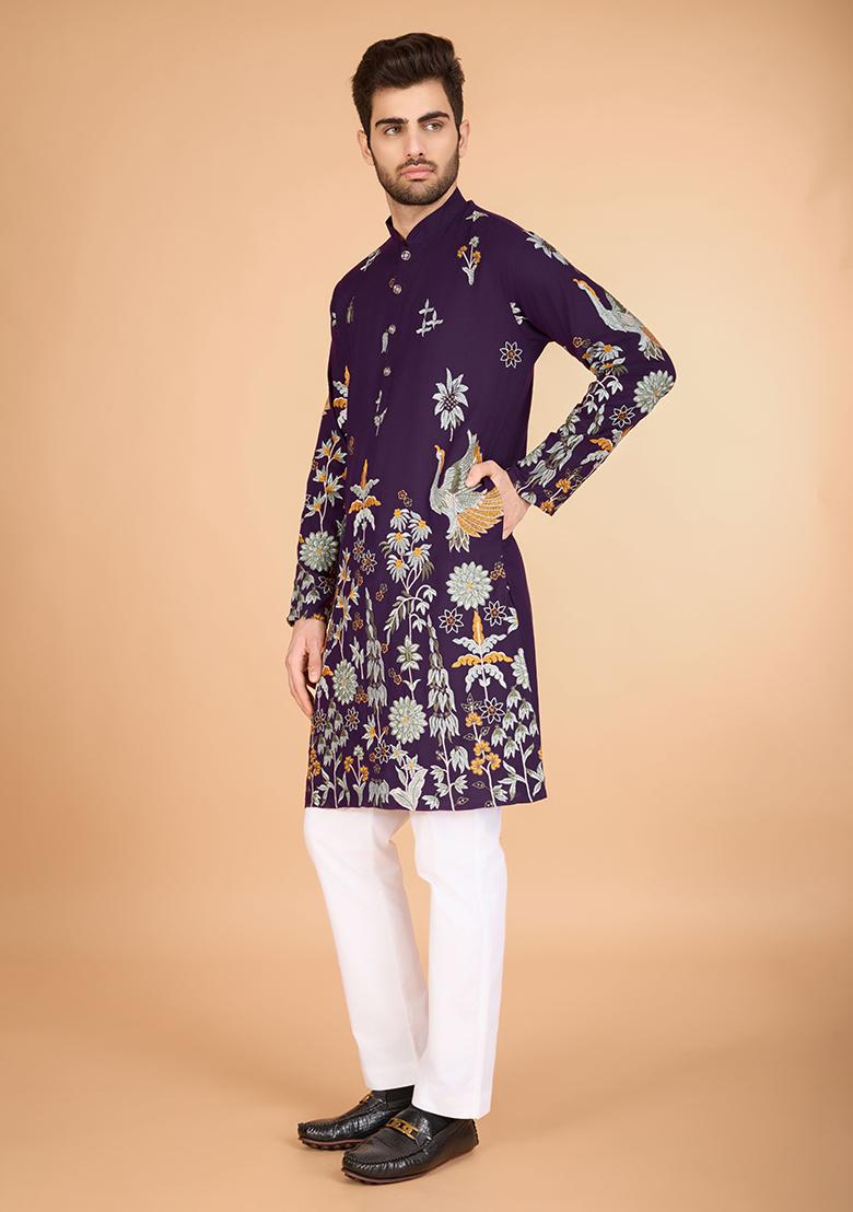 Purple Embroidered Art Silk Kurta For Men