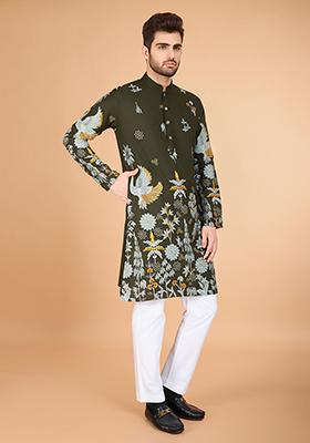 Olive Embroidered Art Silk Kurta For Men