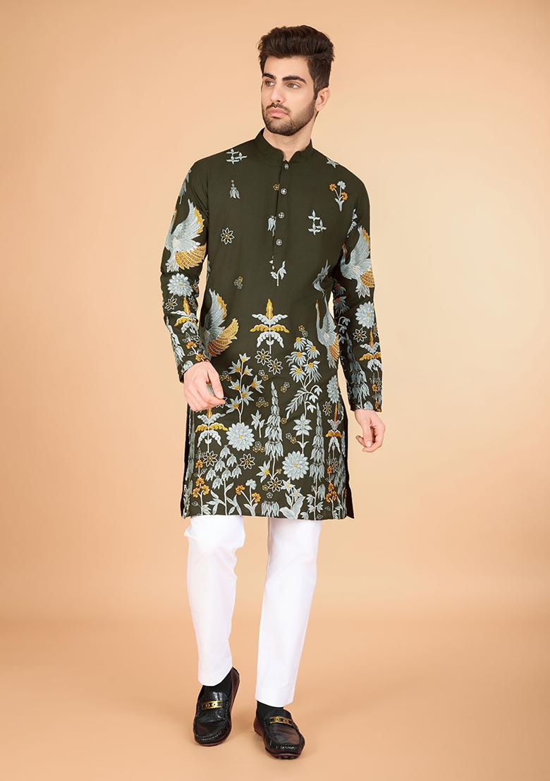 Olive Embroidered Art Silk Kurta For Men