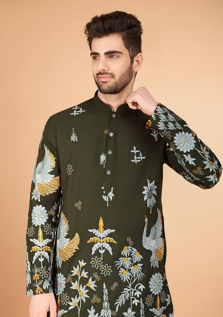 Olive Embroidered Art Silk Kurta For Men