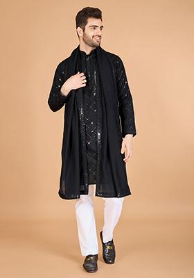 Black Embroidered Art Silk Kurta Set For Men