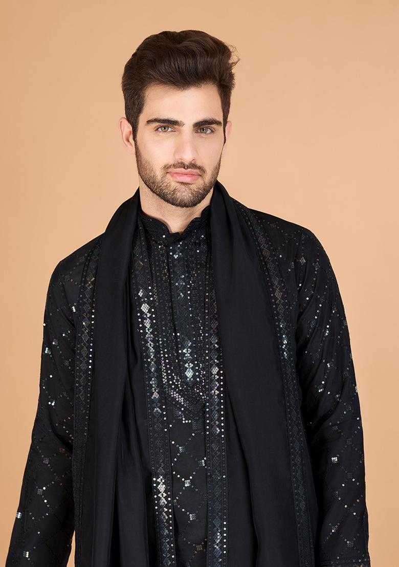 Black Embroidered Art Silk Kurta Set For Men
