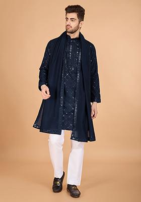 Blue Embroidered Art Silk Kurta Set For Men