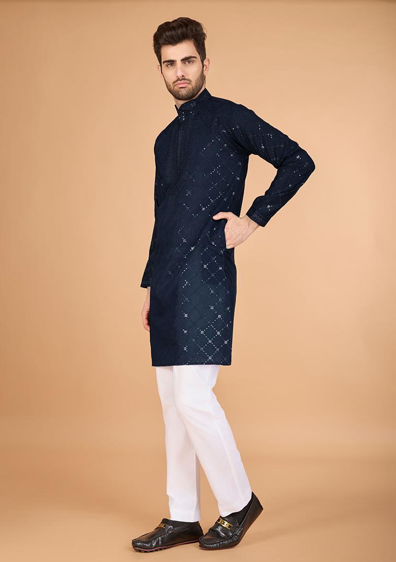Blue Embroidered Art Silk Kurta Set For Men
