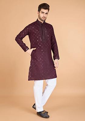 Maroon Embroidered Art Silk Kurta Set For Men