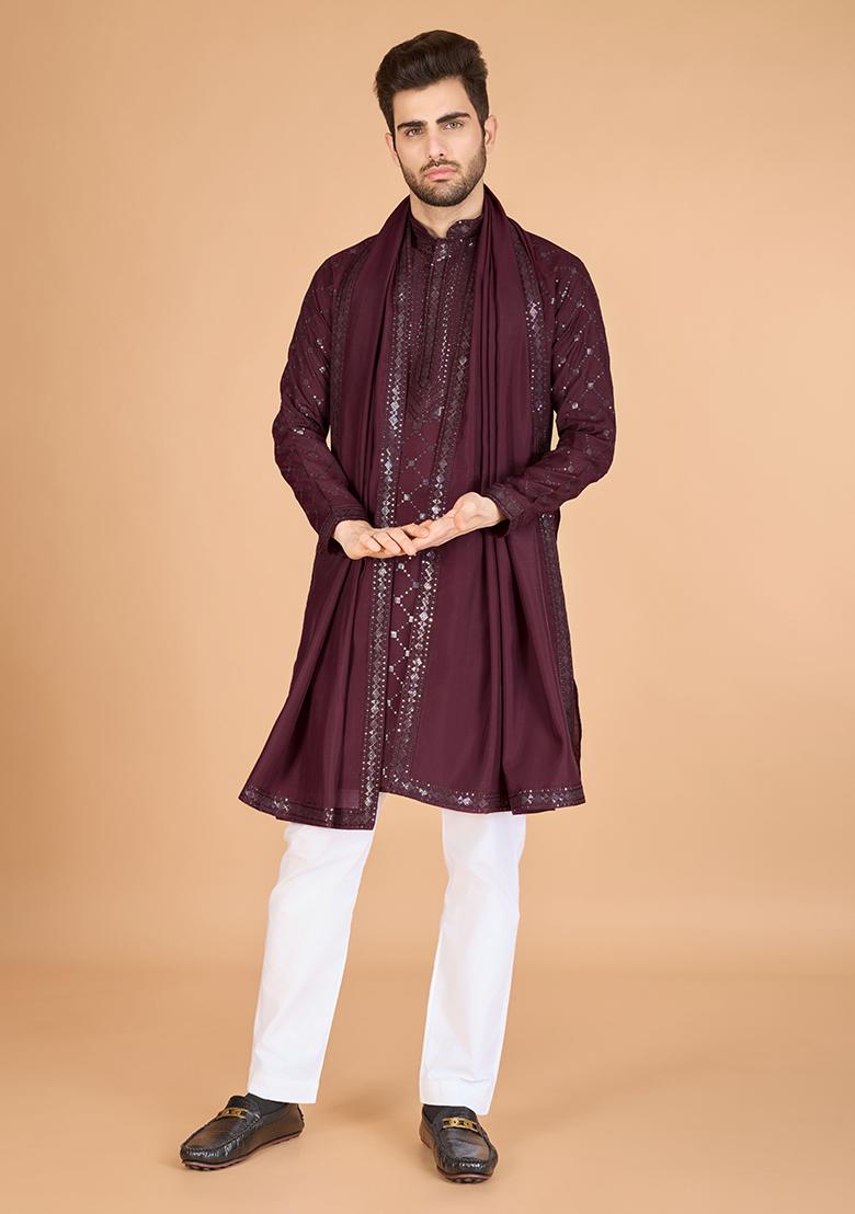 Maroon Embroidered Art Silk Kurta Set For Men