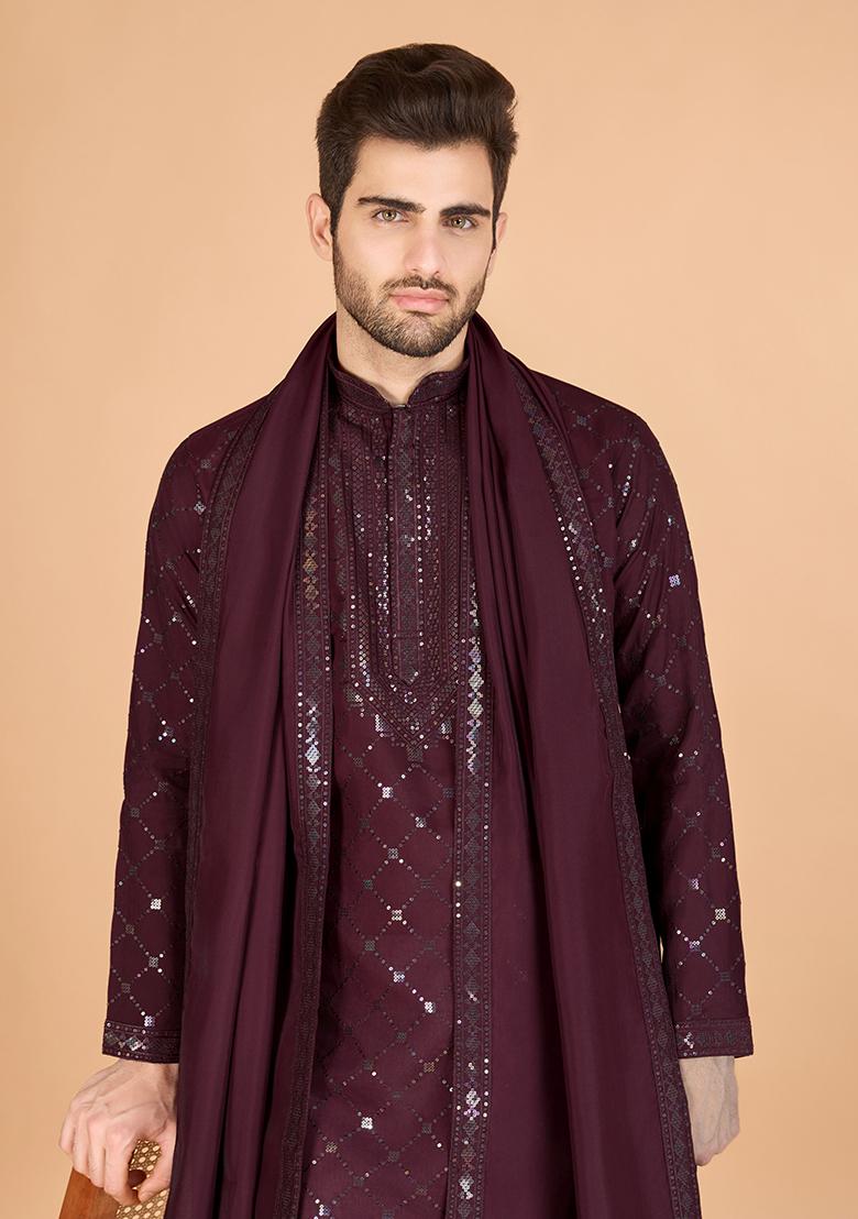 Maroon Embroidered Art Silk Kurta Set For Men
