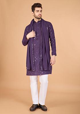 Purple Embroidered Art Silk Kurta Set For Men