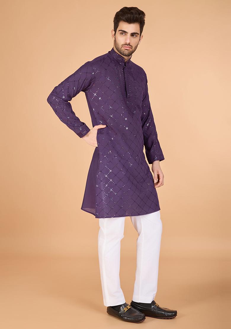 Purple Embroidered Art Silk Kurta Set For Men