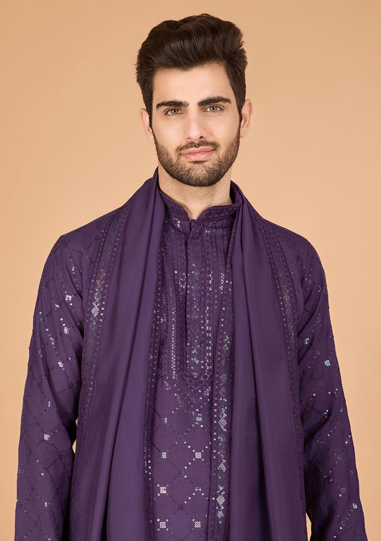 Purple Embroidered Art Silk Kurta Set For Men