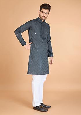 Grey Embroidered Art Silk Kurta Set For Men