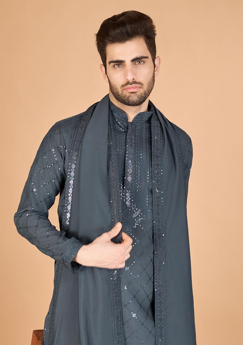 Grey Embroidered Art Silk Kurta Set For Men