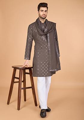 Brown Embroidered Art Silk Kurta Set For Men
