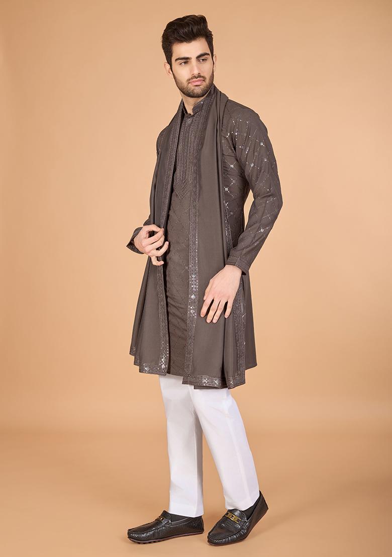 Brown Embroidered Art Silk Kurta Set For Men