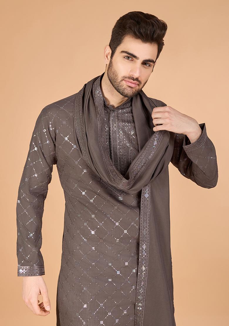Brown Embroidered Art Silk Kurta Set For Men