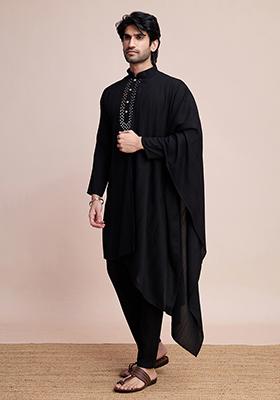 Black Woven Viscose Kurta Set For Men