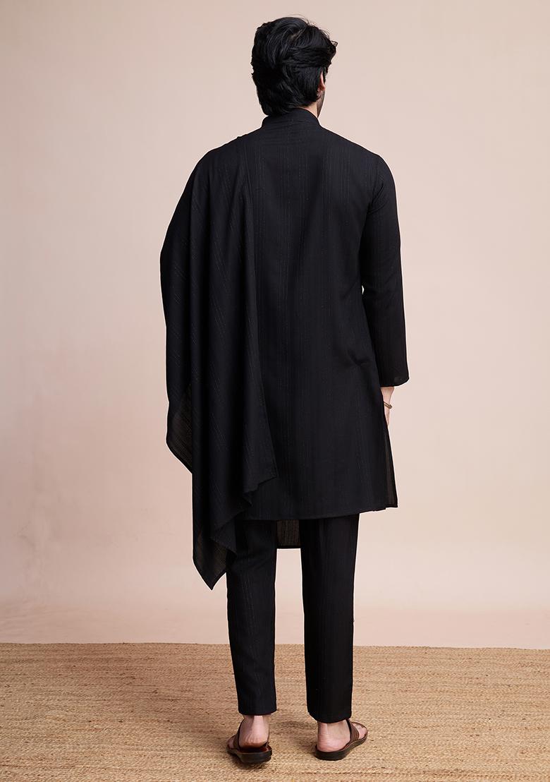 Black Woven Viscose Kurta Set For Men