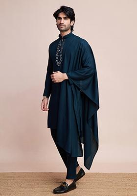 Blue Woven Viscose Kurta Set For Men