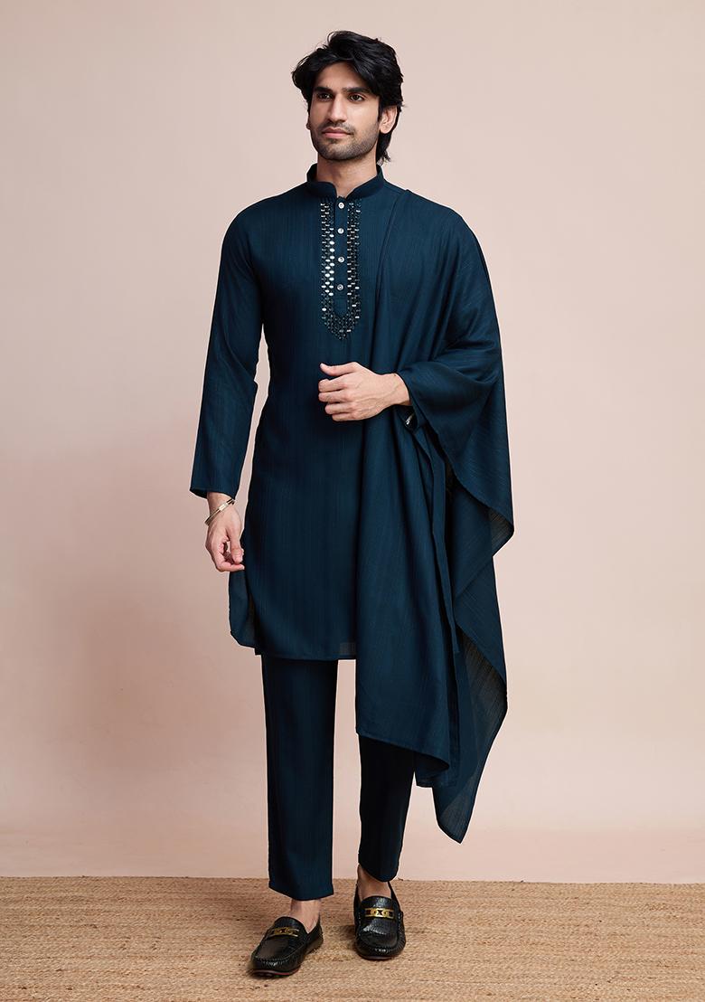 Blue Woven Viscose Kurta Set For Men