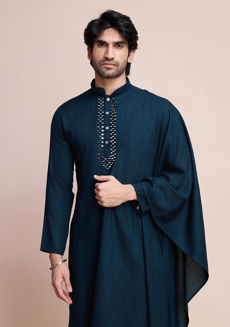 Blue Woven Viscose Kurta Set For Men