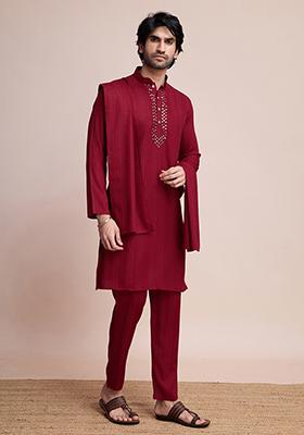 Maroon Woven Viscose Kurta Set For Men
