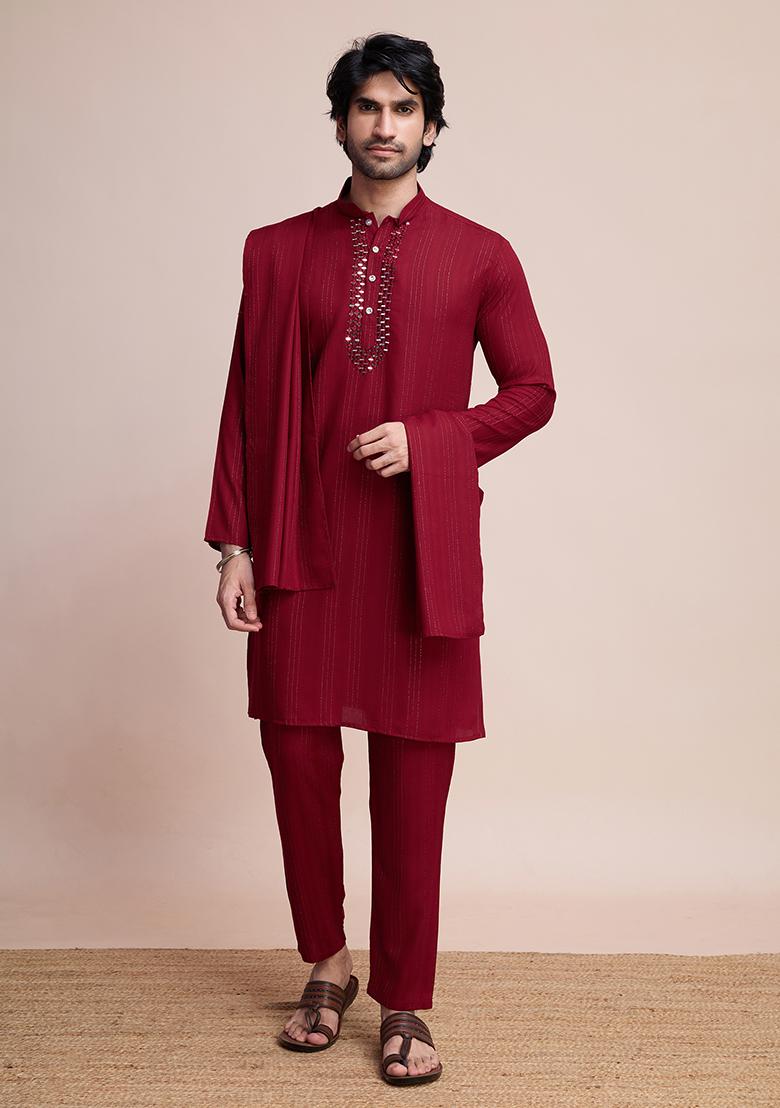 Maroon Woven Viscose Kurta Set For Men