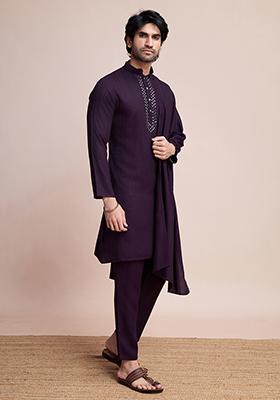 Purple Woven Viscose Kurta Set For Men