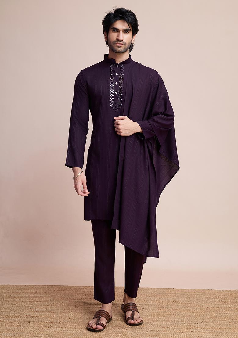 Purple Woven Viscose Kurta Set For Men