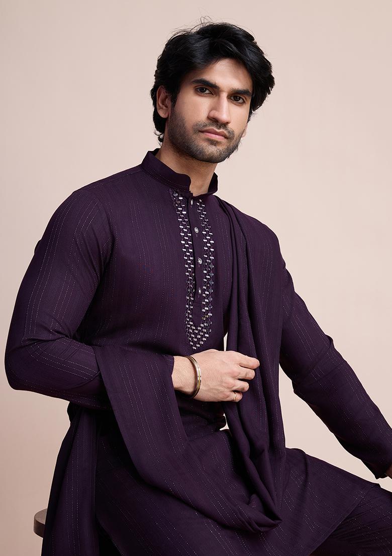 Purple Woven Viscose Kurta Set For Men