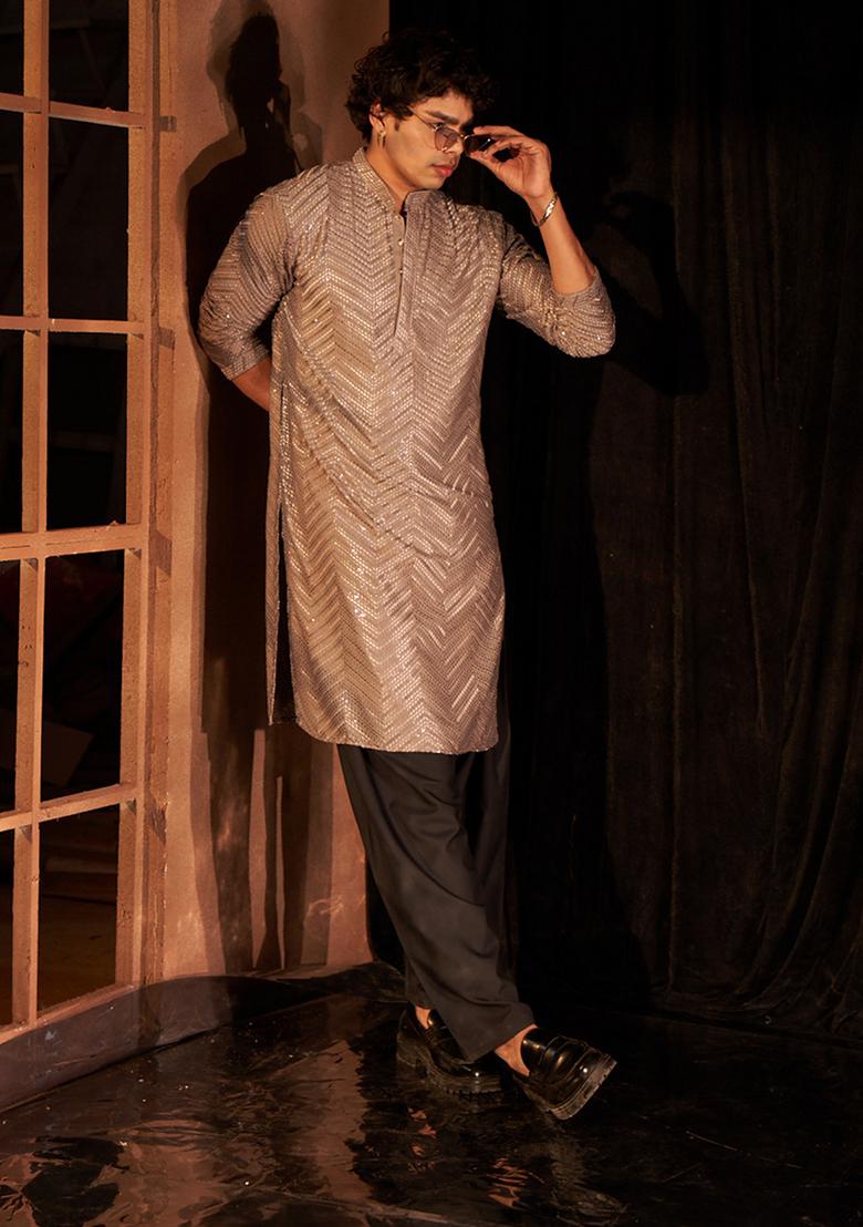Grey Embroidered Viscose  Kurta Set For Men