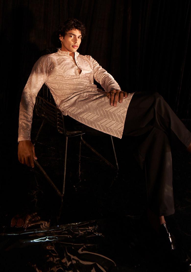 Pink Embroidered Viscose  Kurta Set For Men