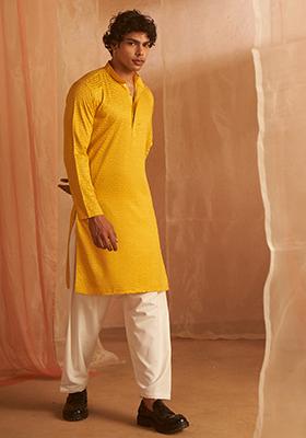 Mustard Embroidered Viscose  Kurta Set For Men