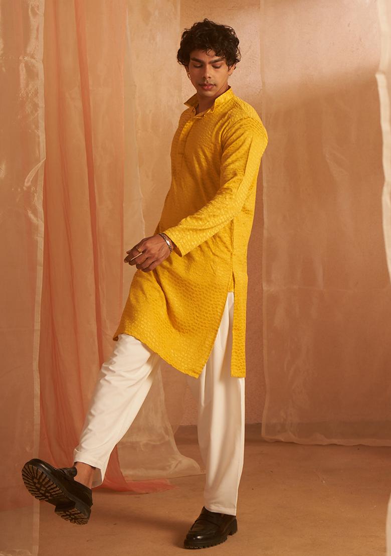 Mustard Embroidered Viscose  Kurta Set For Men