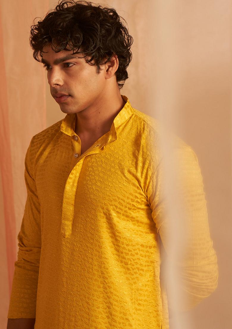 Mustard Embroidered Viscose  Kurta Set For Men