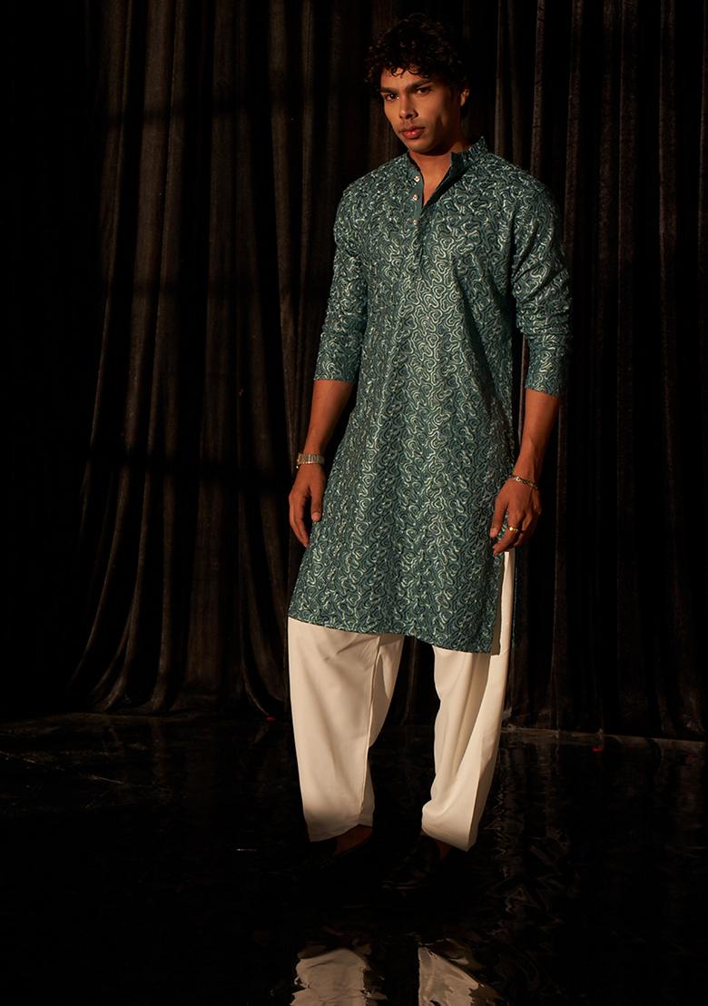 Blue Embroidered Viscose  Kurta Set For Men