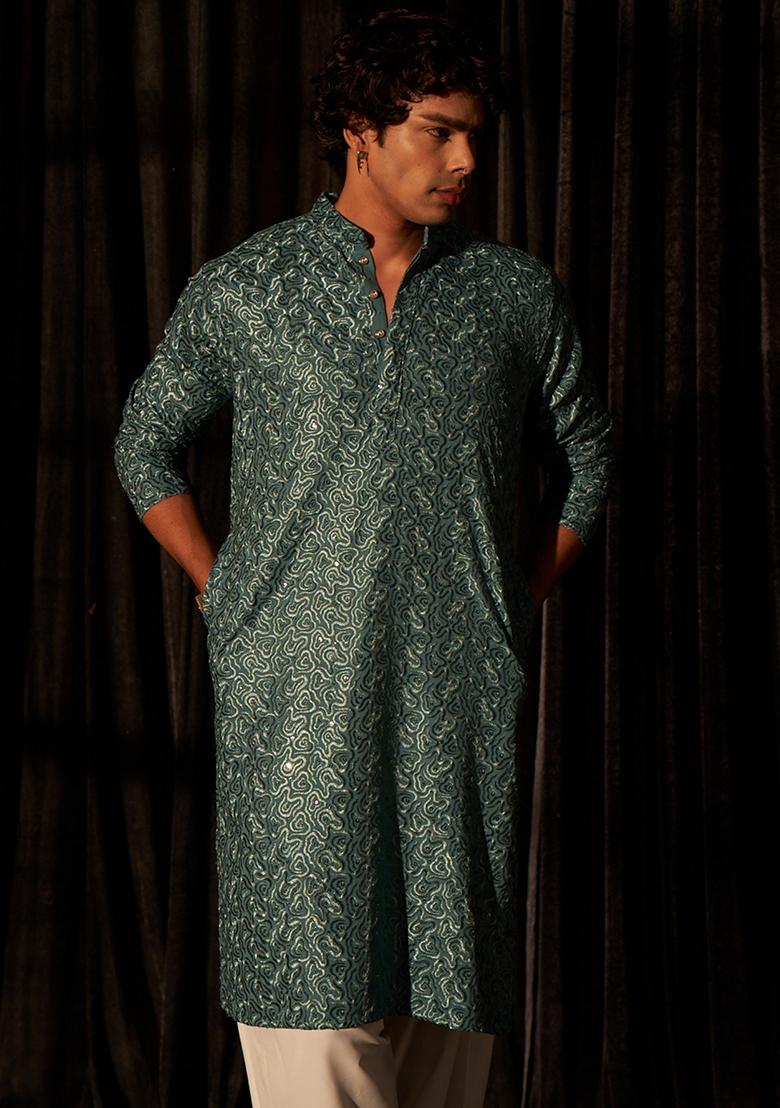 Blue Embroidered Viscose  Kurta Set For Men