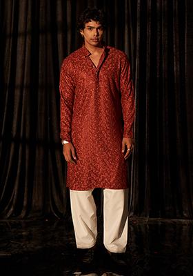 Red Embroidered Viscose  Kurta Set For Men