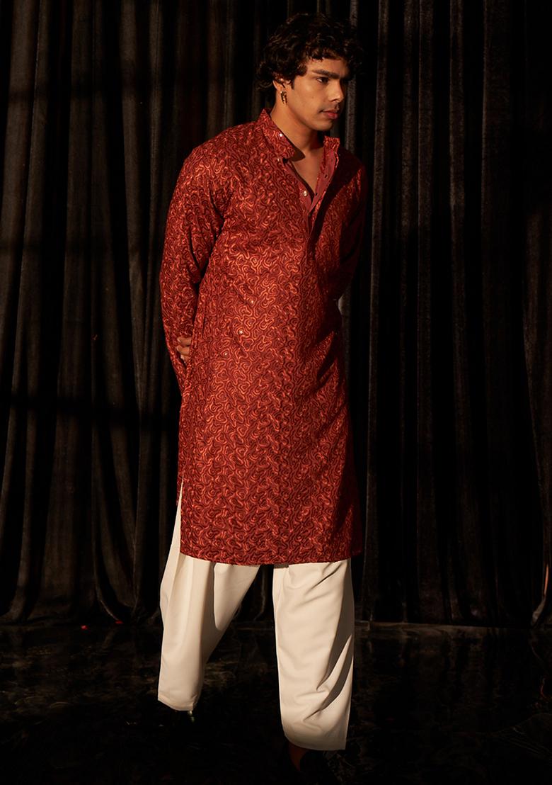 Red Embroidered Viscose  Kurta Set For Men