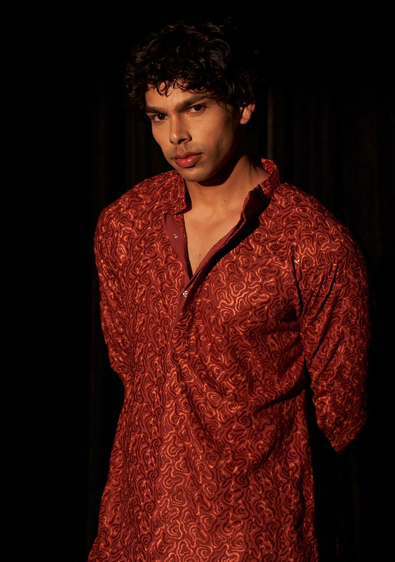 Red Embroidered Viscose  Kurta Set For Men