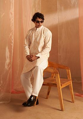 Yellow Embroidered Viscose  Kurta Set For Men