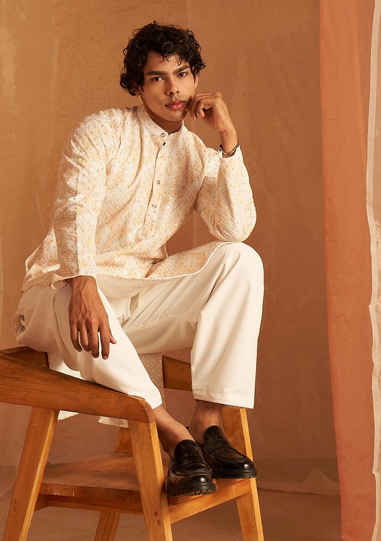 Yellow Embroidered Viscose  Kurta Set For Men