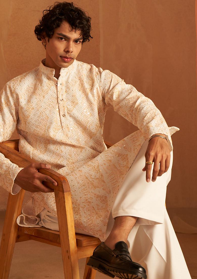 Yellow Embroidered Viscose  Kurta Set For Men