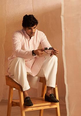 Pink Embroidered Viscose  Kurta Set For Men
