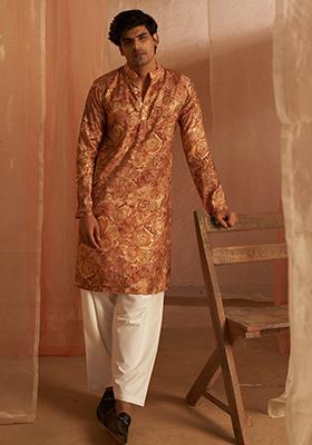 Brown printed Viscose  Kurta Set For Men
