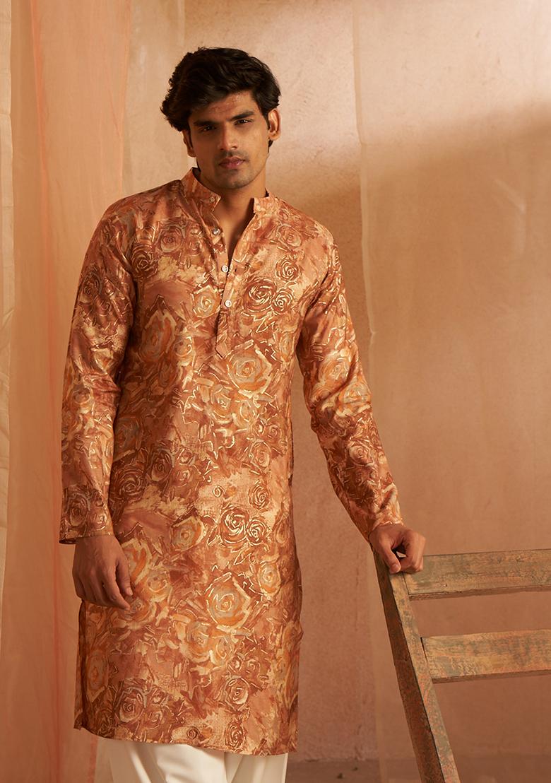 Brown printed Viscose Kurta Set For Men
