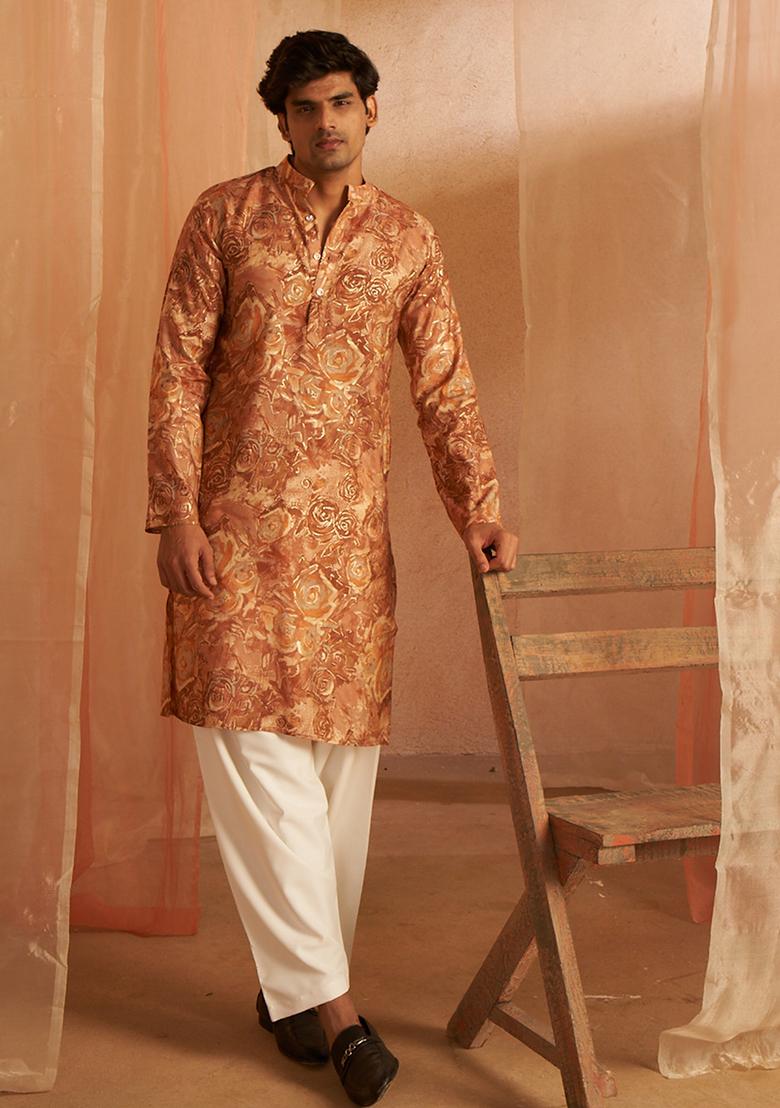 Brown printed Viscose  Kurta Set For Men