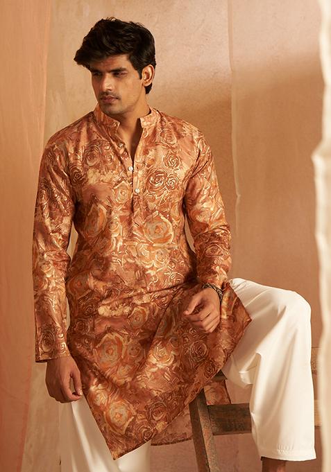 Brown printed Viscose Kurta Set For Men