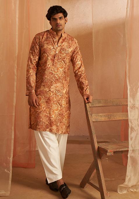 Brown printed Viscose Kurta Set For Men