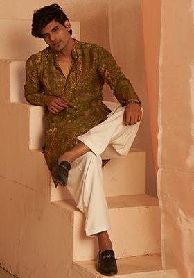 Green printed Viscose  Kurta Set For Men