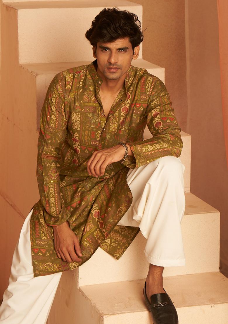 Green printed Viscose  Kurta Set For Men